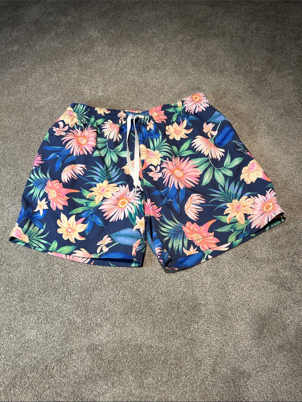 chubbies Navy Floral Swim Trunks with Pink & Green Accents